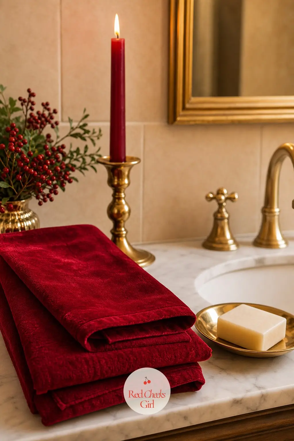 The Powder Room, Set with Velvet Hand Towels and a Brass Candle — Nobody needs a theme in here, just proof someone thought about it. Red and gold christmas
