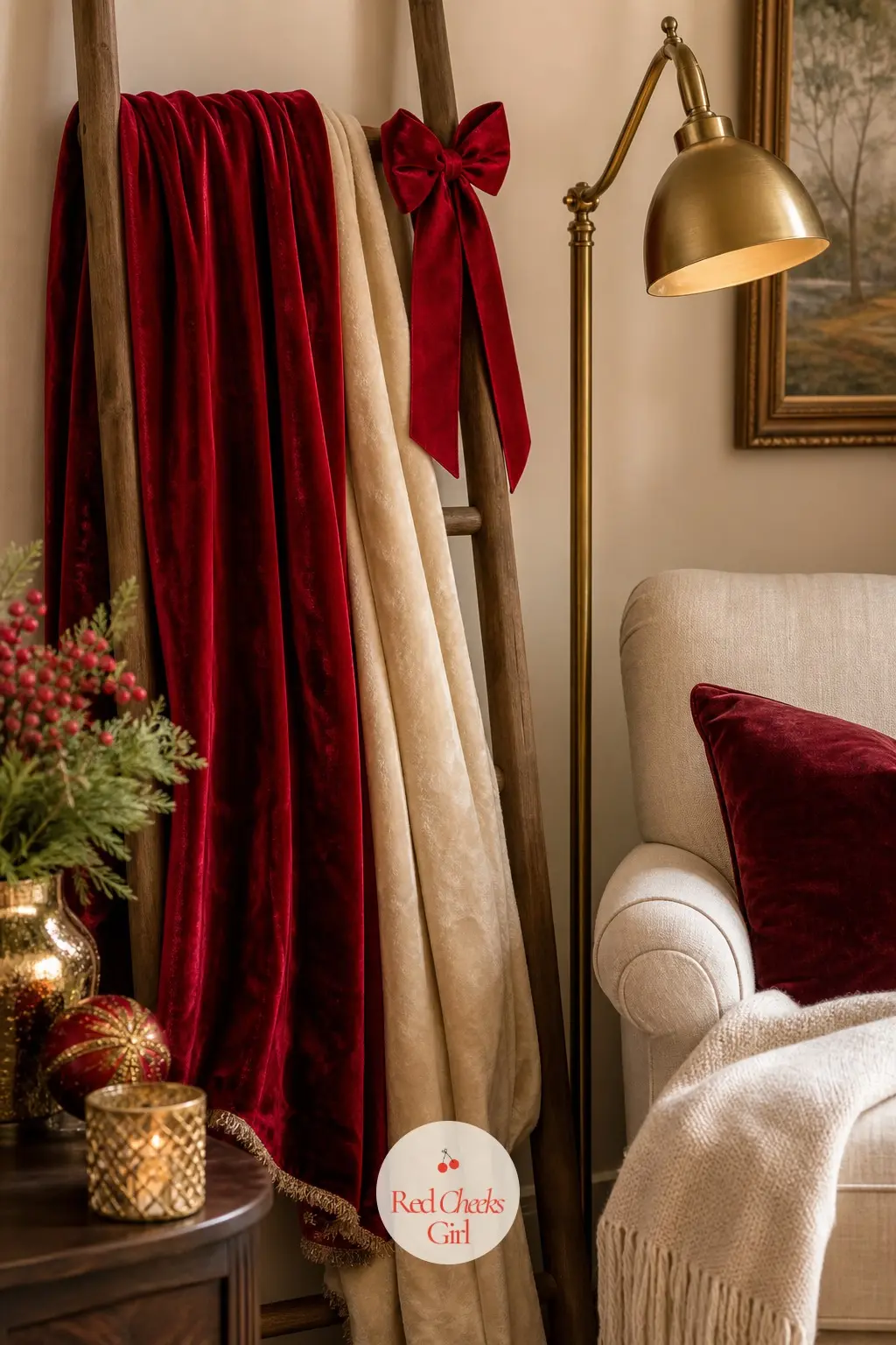The Reading Nook, Draped with a Velvet Throw Ladder — A wooden ladder propped in the corner holds velvet throws instead of books, red and cream layered over