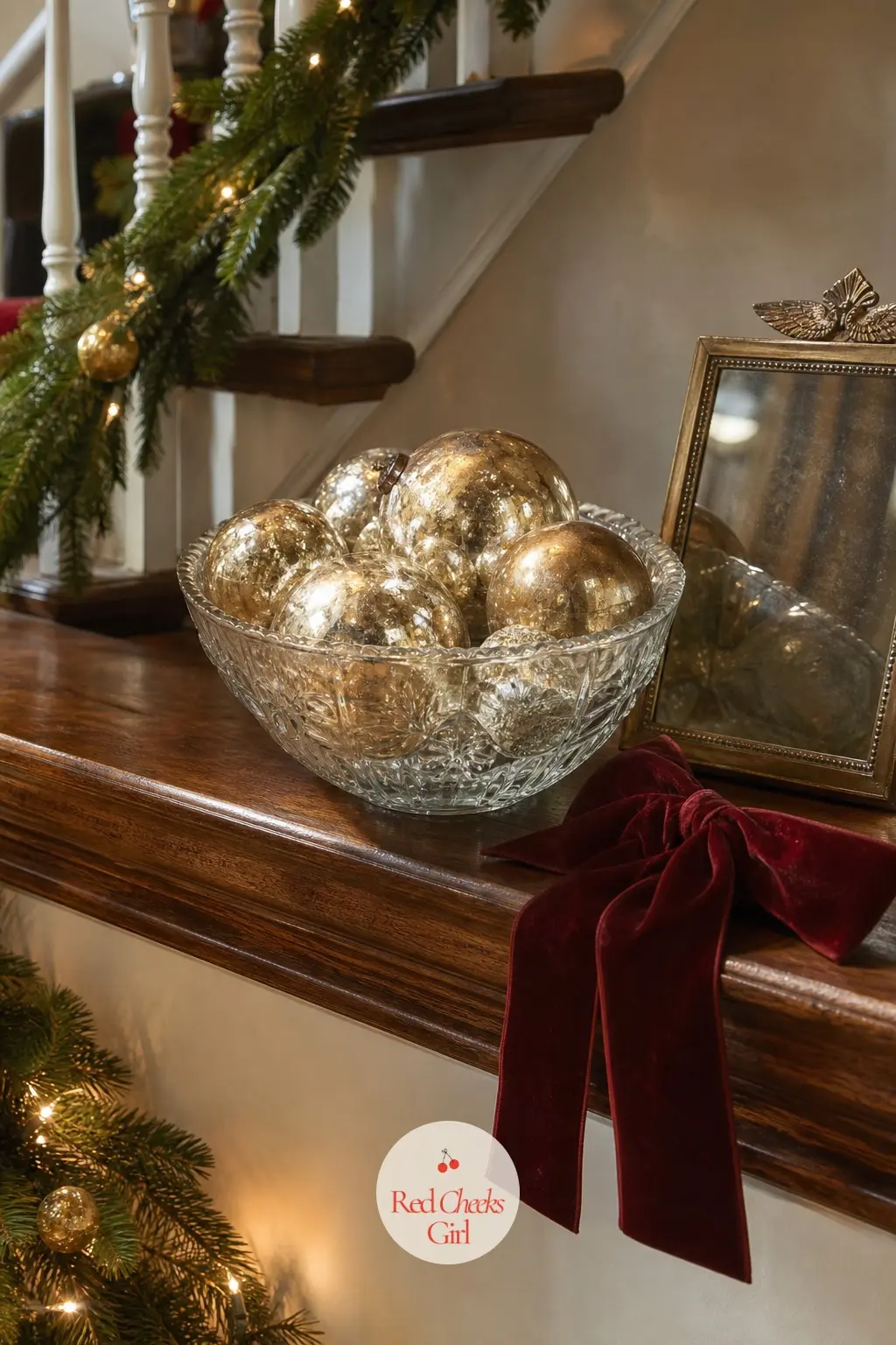 The Stair Landing Shelf, Styled with a Bowl of Mercury Glass Ornaments — Halfway up the stairs, a small shelf holds a bowl of loose mercury glass ornaments and