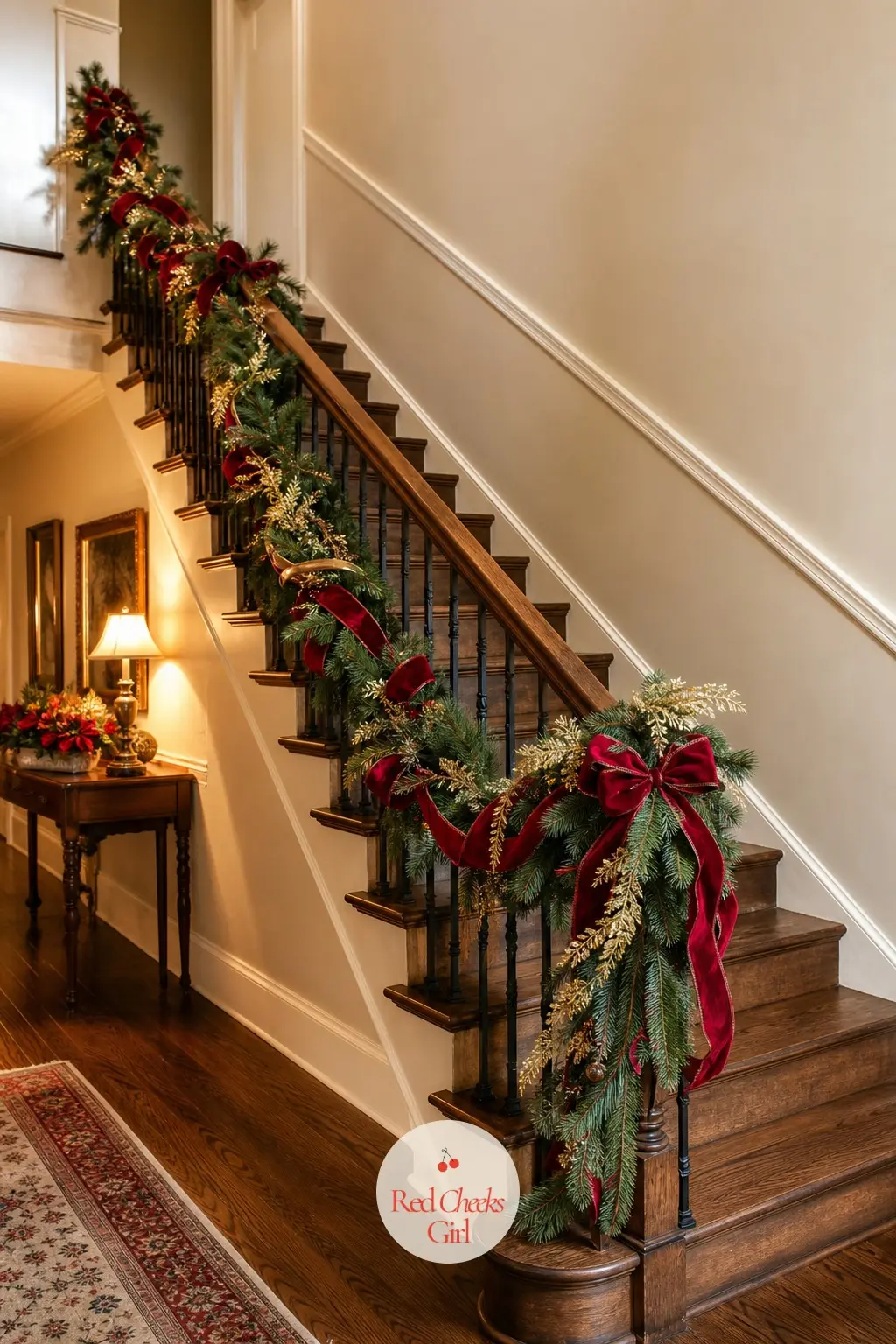 The Staircase Banister, Wound in Gold Garland and Velvet Ribbon — A staircase dressed properly is the closest thing this theme has to a red carpet. Red and
