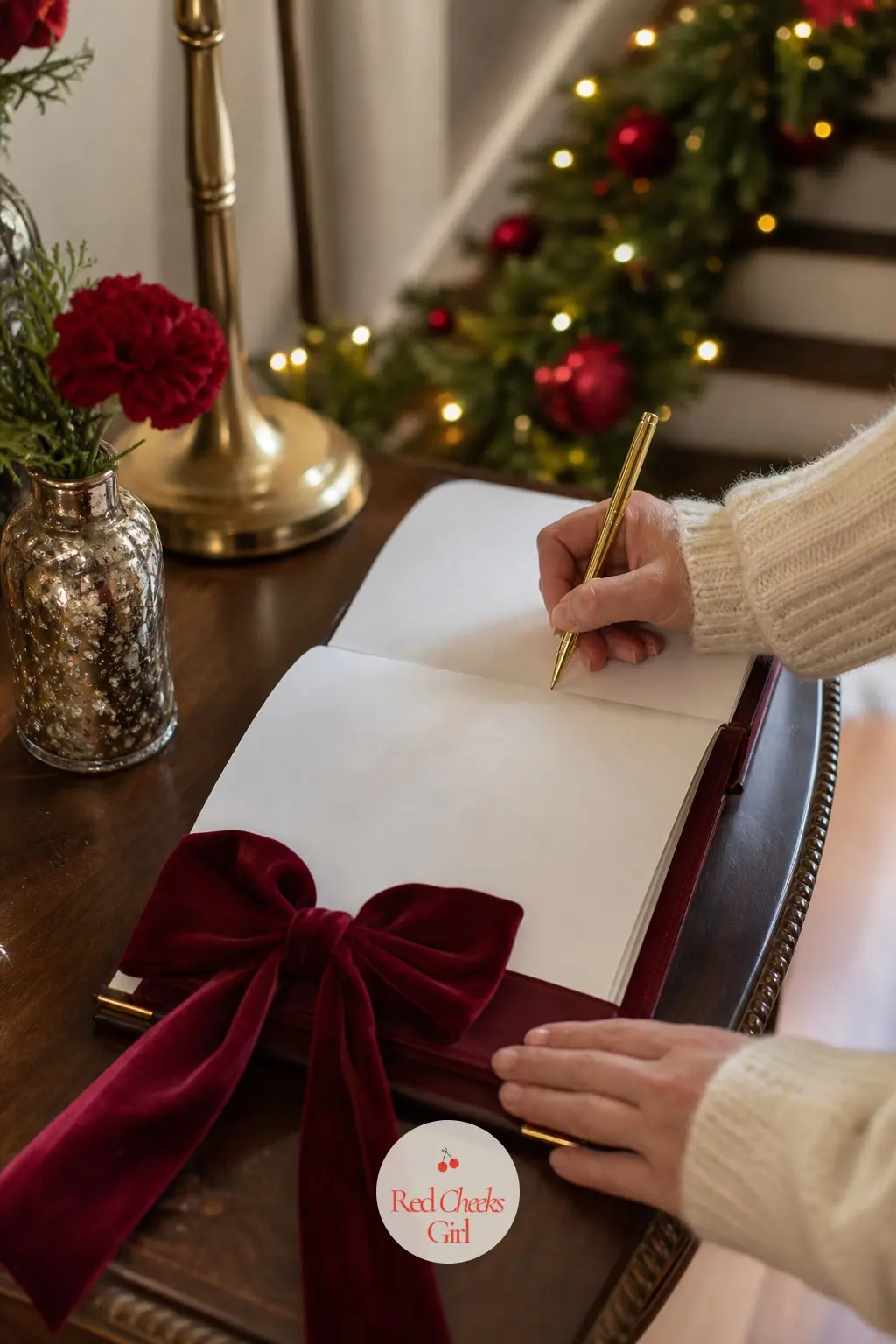 The Welcome Table, Set with a Guest Book and Gold Pen — A small table near the door with just three things on it: an open guest book, a gold pen resting across