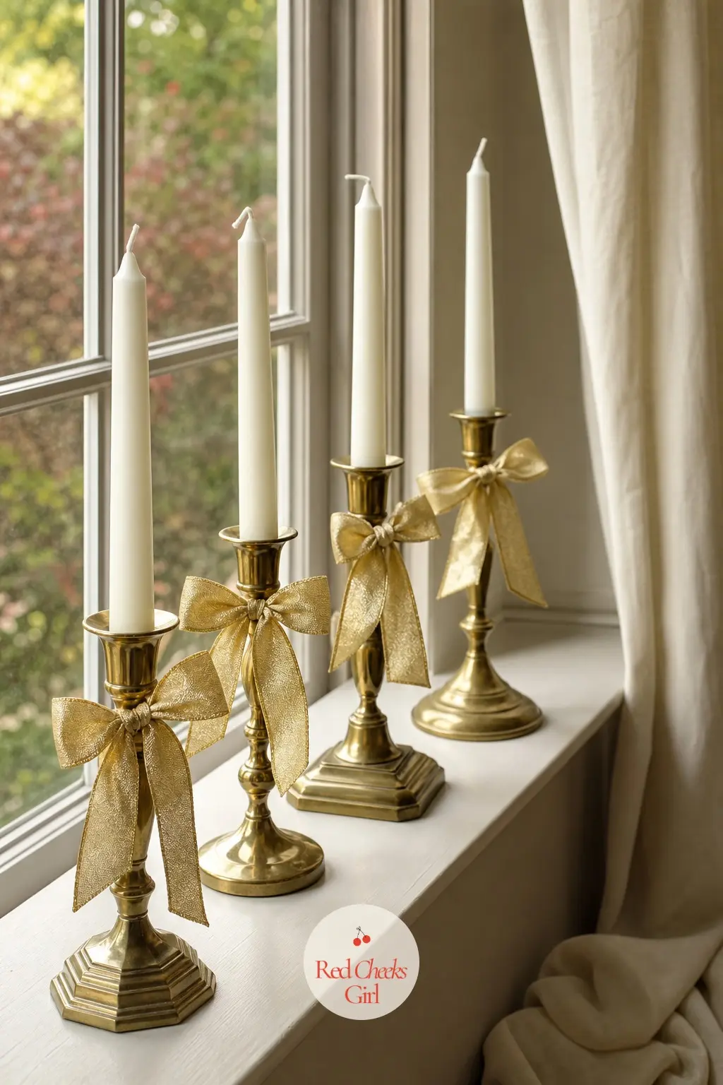 The Window Ledge, Lined with Brass Candlesticks and Gold Bows — A row of brass candlesticks along a window ledge catches both the daylight and the evening glow