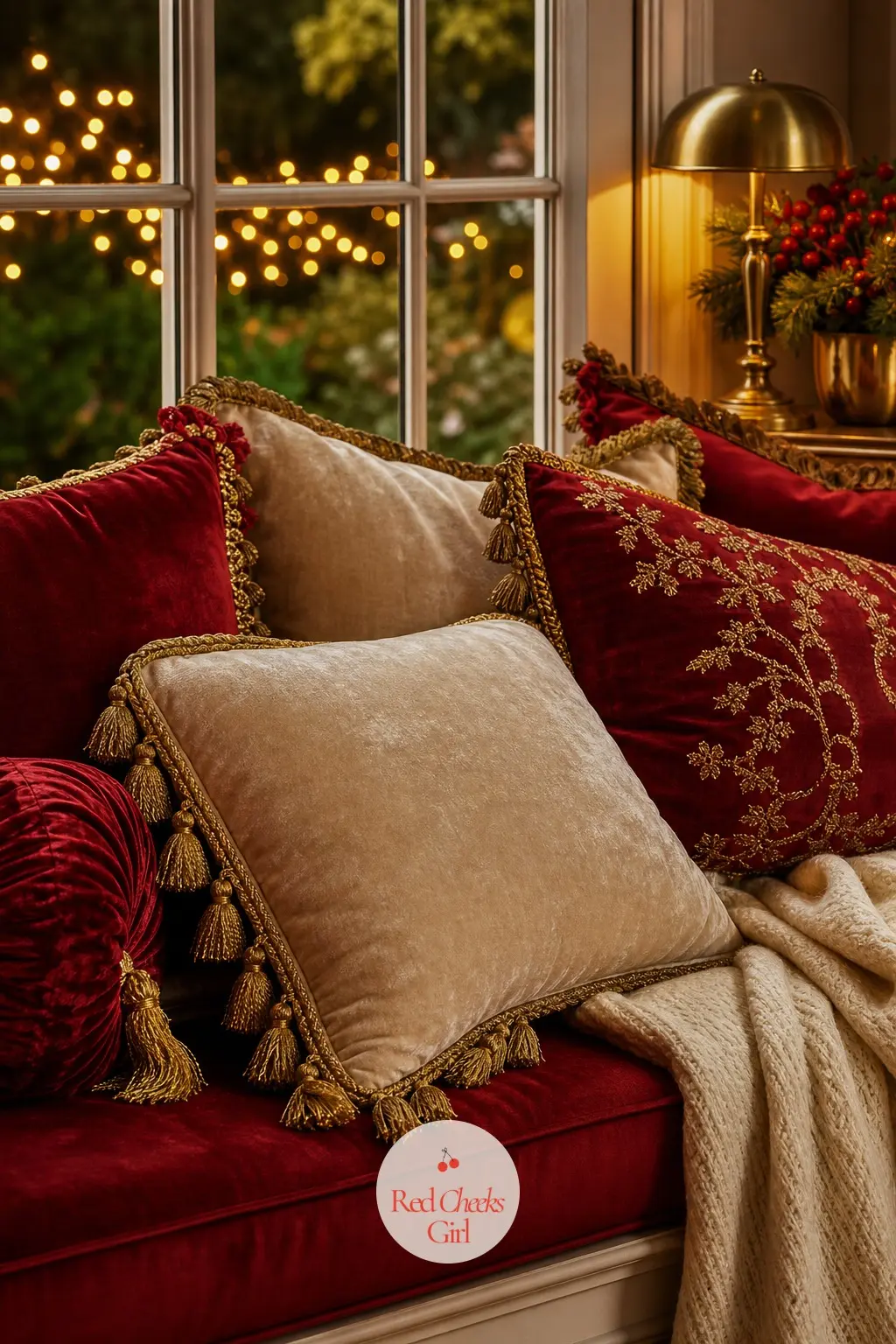 The Window Seat, Piled with Velvet Cushions and Gold Tassels — A window seat piled with cushions is the kind of corner people actually sit in, drink in hand