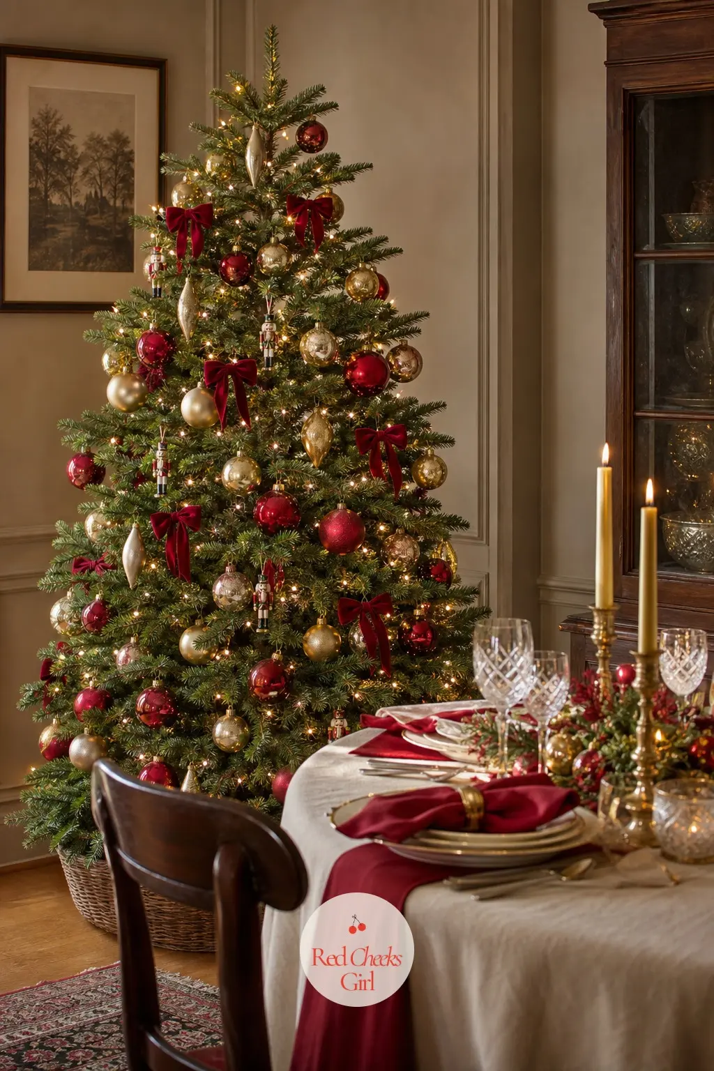A Dining Room Fir Dressed for Dinner — A real Fraser fir stands beside the laid table, cherry red and gilt gold catching the candlelight rather than competing