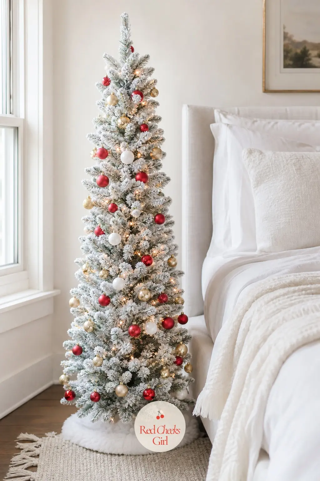 A Flocked Tabletop Tree for the Foot of the Bed — Morning light through a bare window catches the white flocking on this small artificial tree before it
