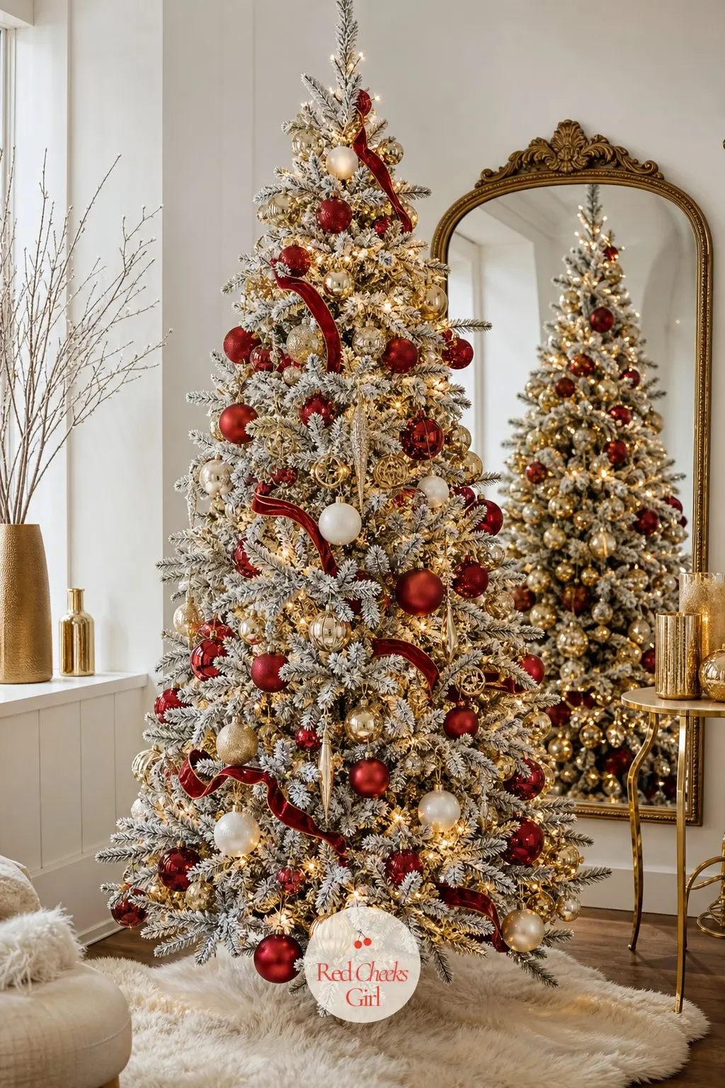A Flocked Tree Doubled by an Antique Mirror — Placed to catch its own reflection in an antique mirror, this full flocked tree effectively decorates the room