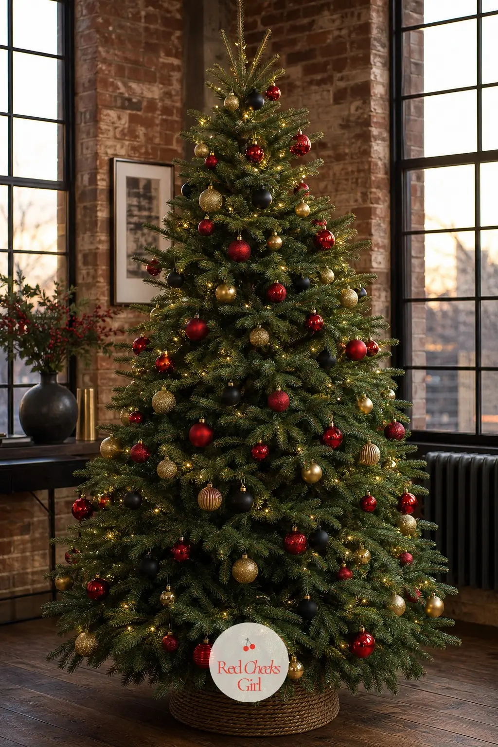 A Full Tree Holding Its Own Against Brick — Exposed brick and tall factory windows can swallow an ordinary tree whole, so this real Noble fir goes big rather