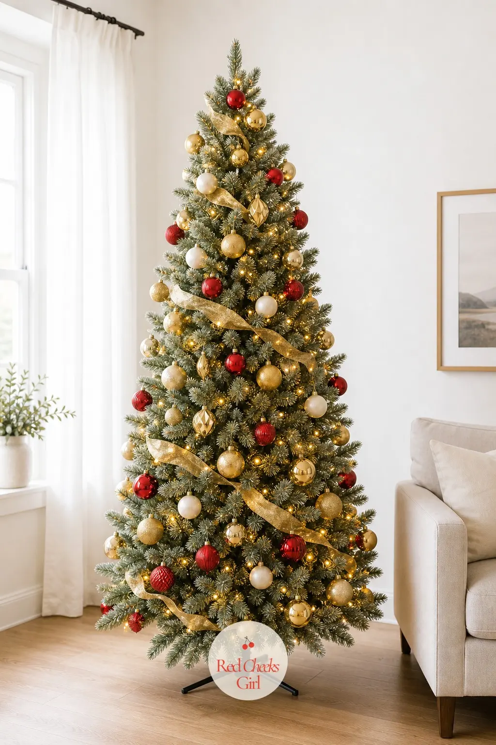 A Gold-Led Tree for a Room With Nothing Heavy In It — A pale oak floor and a linen sofa do not want a dense, dark tree standing over them. Red and gold