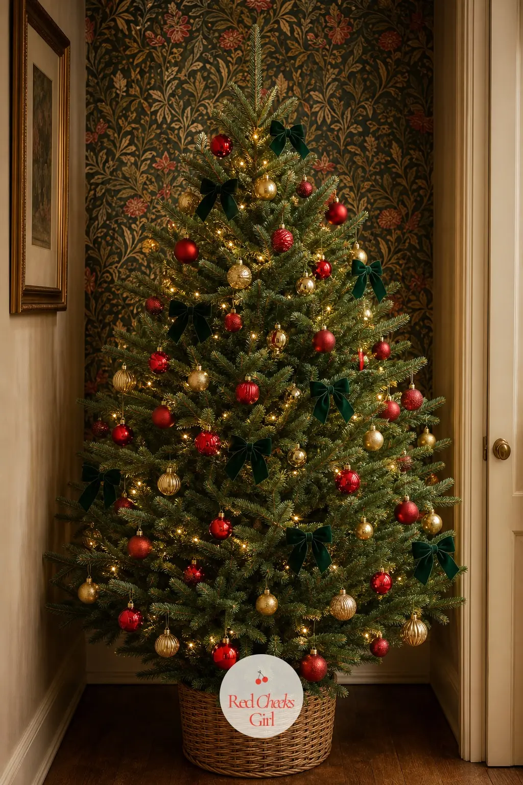 A Hallway Tree Standing Against Pattern — Maximalist wallpaper does not need a maximalist tree fighting it for attention. Red and gold christmas tree