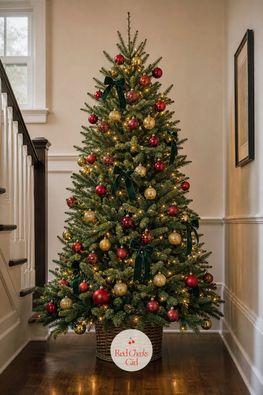 A Landing Tree Seen Only From Below — Viewed mostly from the stairs looking up, this small real tree on the landing gets decorated top heavy on purpose. Red