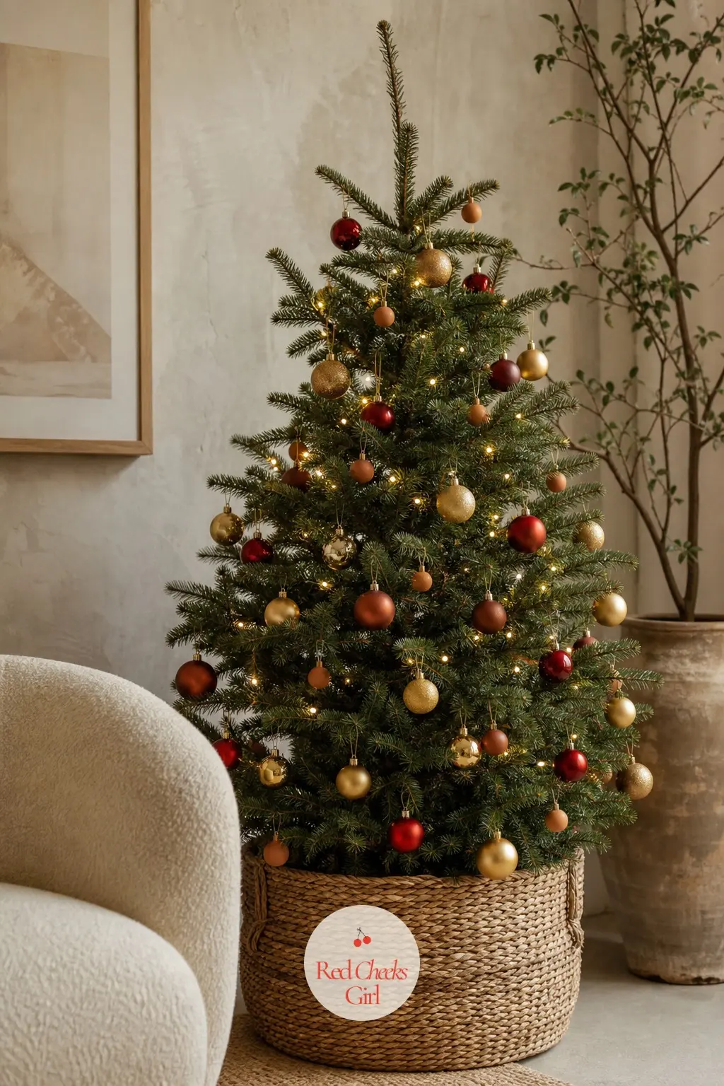 A Living Potted Spruce for a Room of Plaster and Stone — Beside a curved cream chair and one large plant, a real potted living spruce fits the room's already