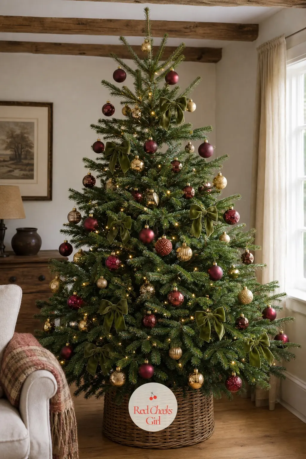 A Low-Beamed Cottage Tree, Loosely Dressed — Under low ceilings, a tightly packed tree reads heavy, so this real Nordmann fir stays deliberately loose. Red and