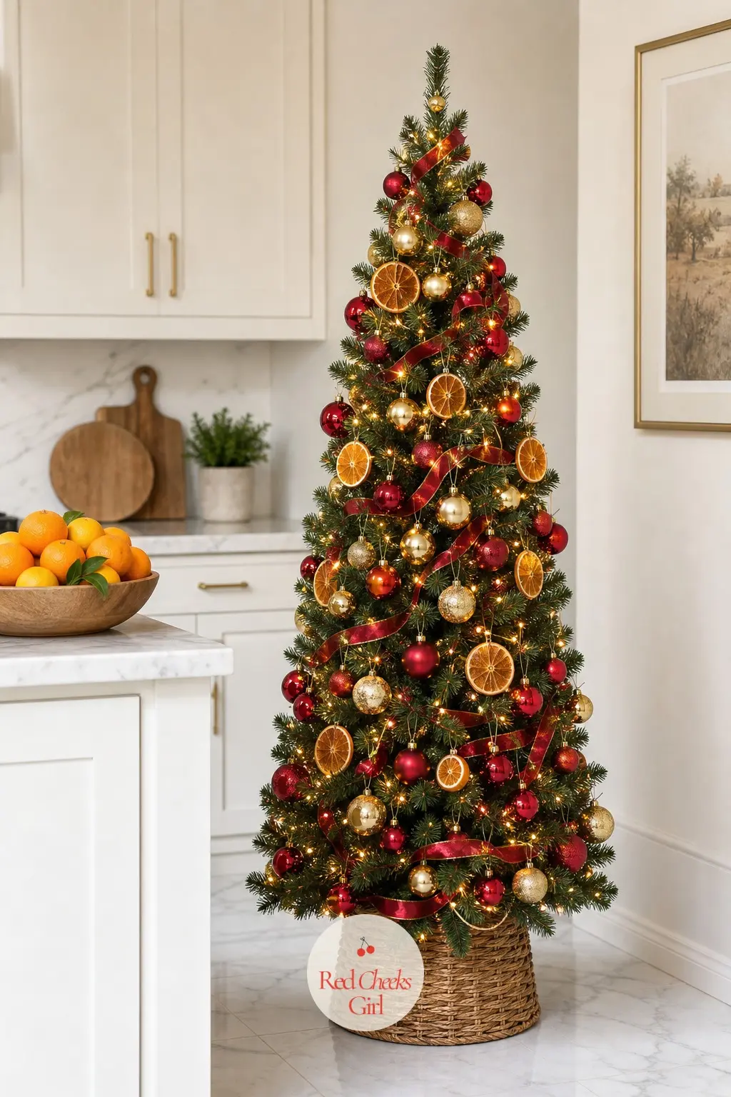 A Mini Tree Beside the Bowl of Citrus — On a white marble counter, this small artificial tree plays along with the actual bowl of citrus sitting next to it