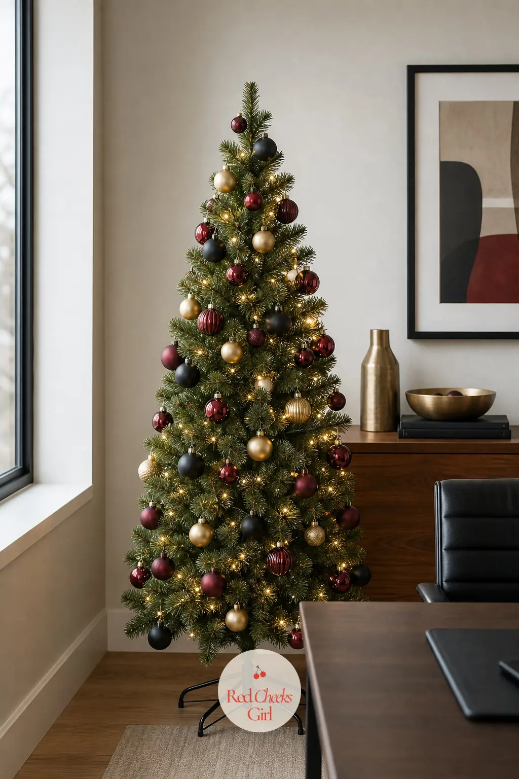 A Mini Tree Standing Guard Behind the Desk — A compact artificial tree sits on the credenza behind the desk, small enough to survive a video call background