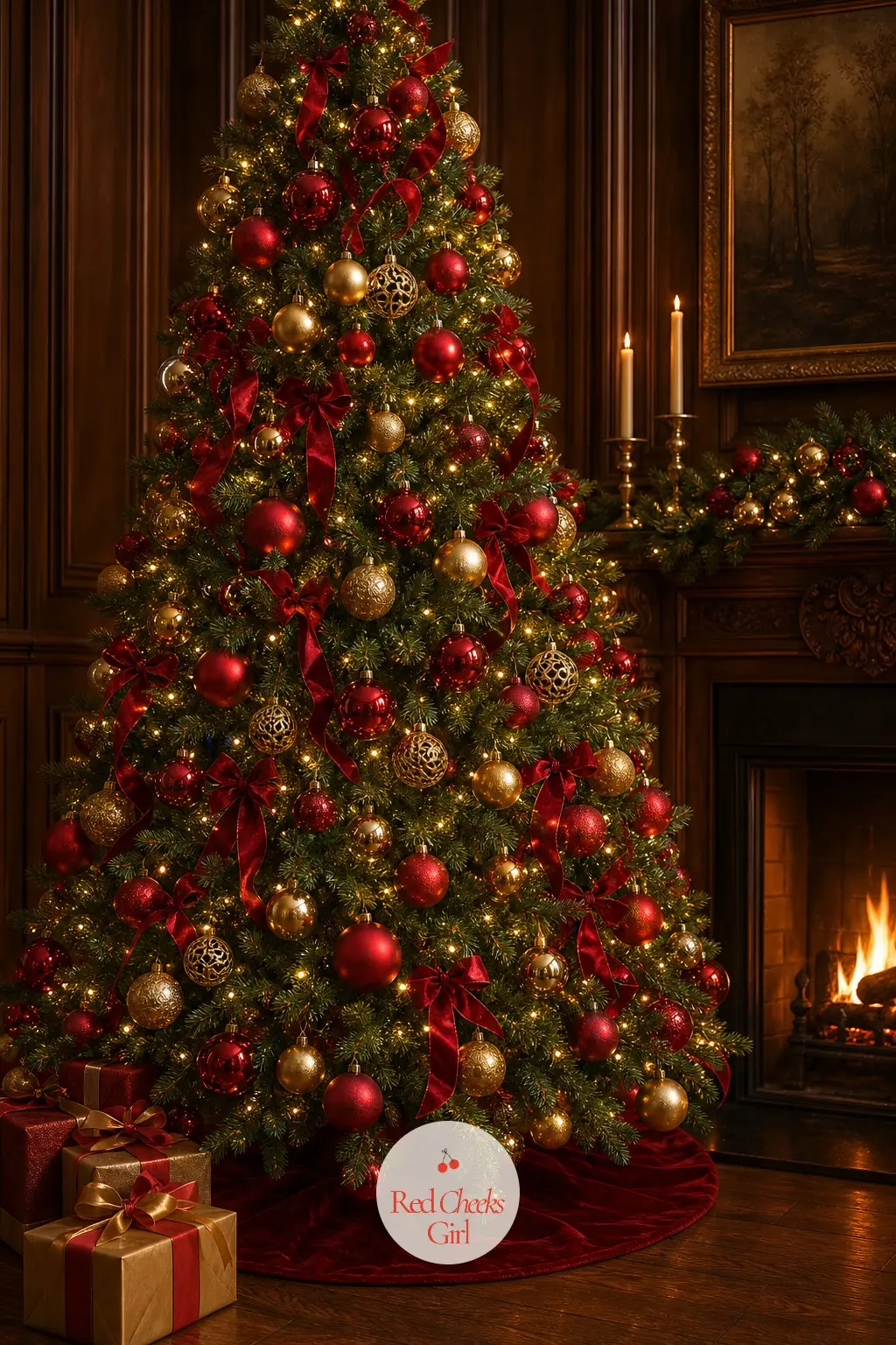 The Panelled Room's Formal Red and Gold — Dark panelling asks for a tree that matches its formality, and this one answers with true red and antique gold in