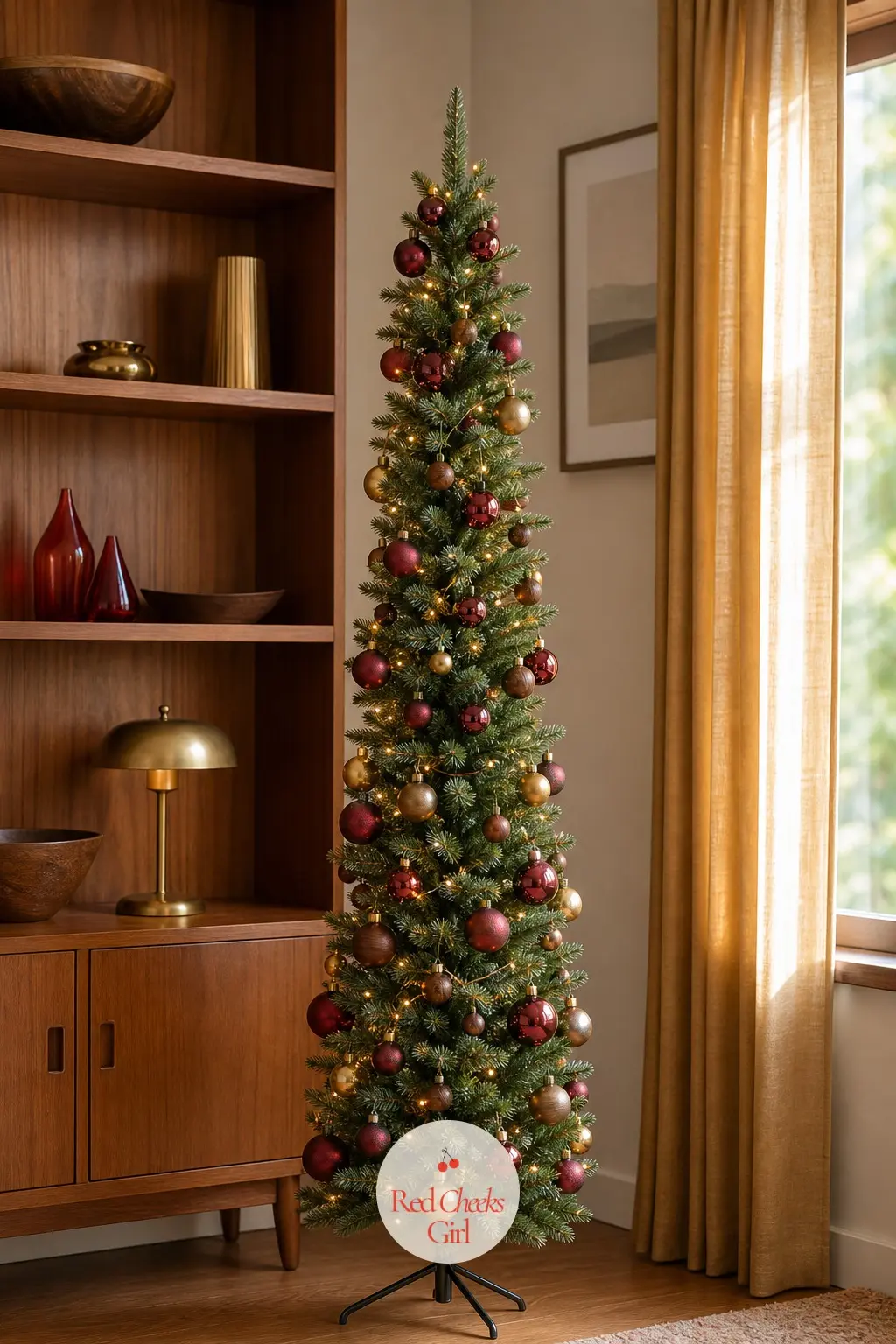 A Pencil Tree Between the Teak Shelves — Mid-century furniture runs warm, so this slim artificial tree follows suit with wine red glass, brushed brass and