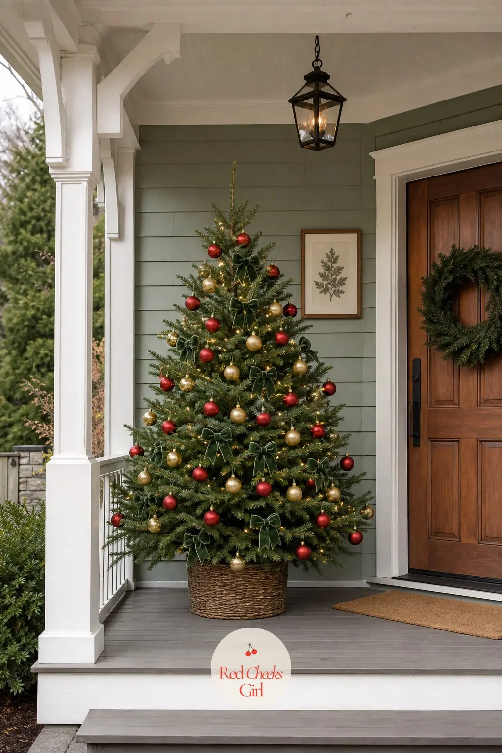 A Potted Spruce Standing Guard on the Porch — Under cover just outside the front door, a real potted living spruce gets dressed for weather rather than for