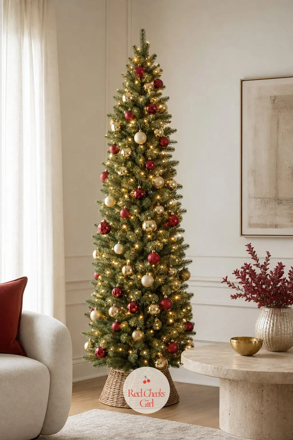 A Quiet Pencil Tree Beside the Travertine Table — Next to a low travertine table and a cashmere throw, this slim artificial tree leads with gold, drops in