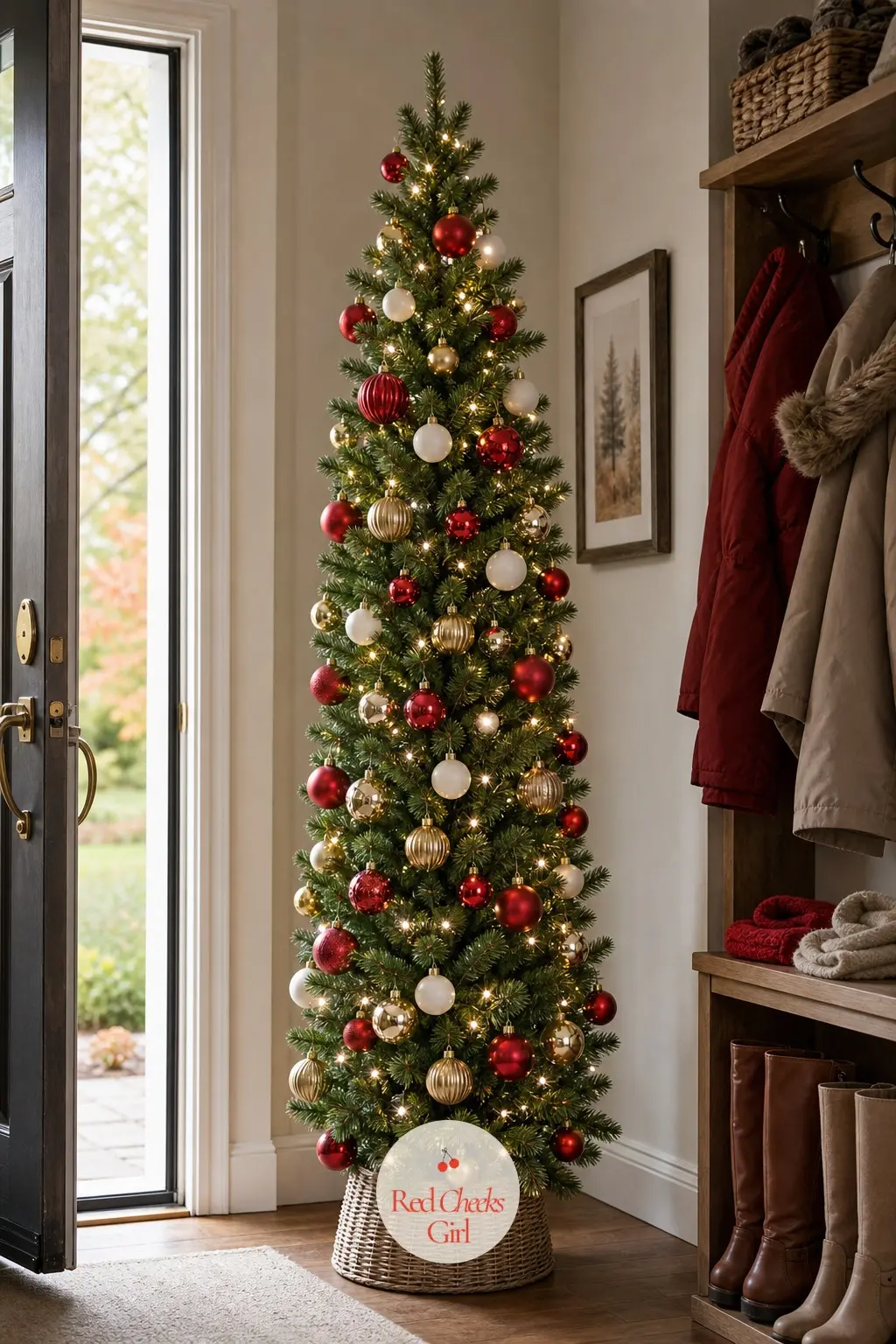 A Slim Pencil Tree Guarding the Front Door — Coats and boots already claim most of an entryway's floor space, so this tree goes narrow on purpose. Red and gold