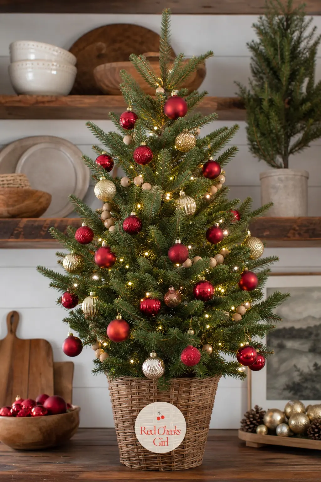 A Small Fir Living Among the Open Shelves — On the counter among open farmhouse shelving, a small real potted fir mixes red and gold glass with plain natural