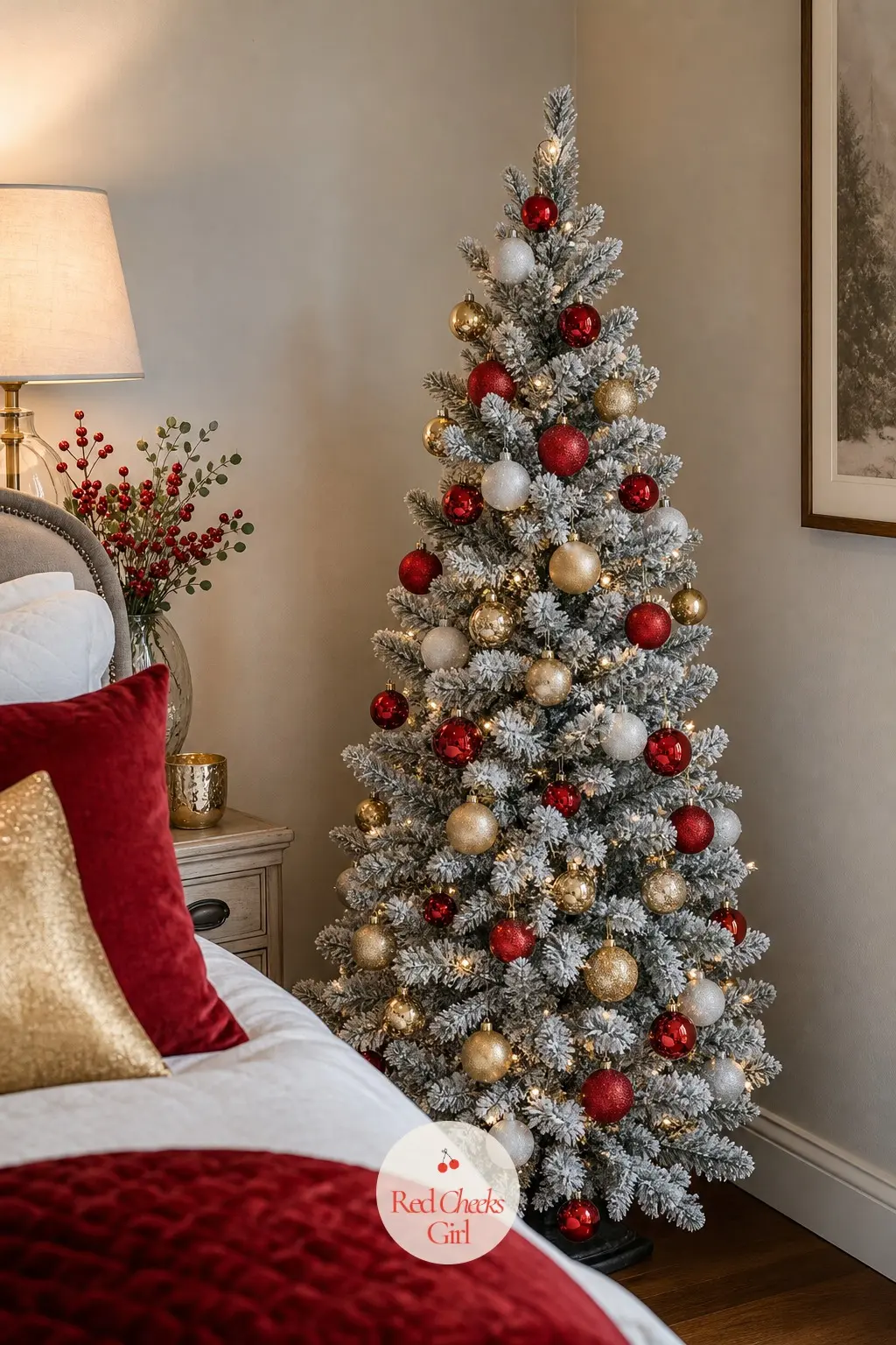 A Small Flocked Fir Tucked Into the Bedroom Corner — A real fir, lightly flocked at the lot rather than at home, fits into the quiet corner beside the bed. Red