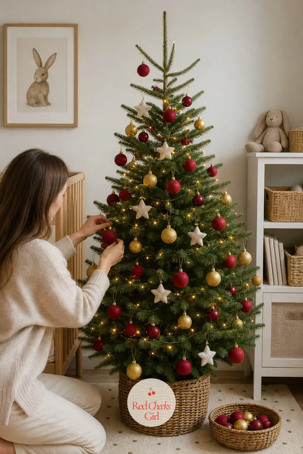 A Small Soft-Edged Tree for the Nursery — A small real potted fir stays low and soft in a child's room, dressed entirely in fabric and felt rather than glass.