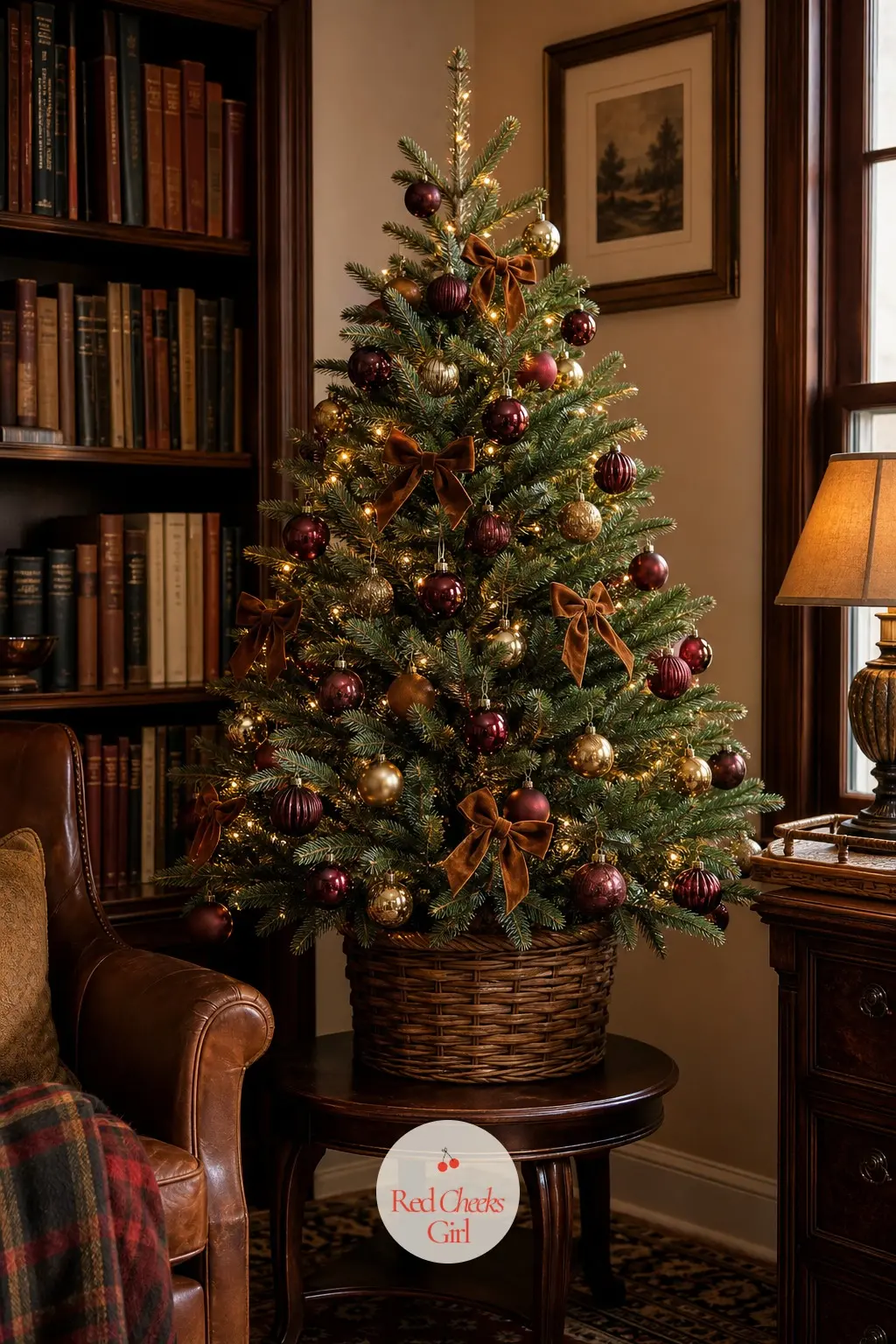A Tabletop Garnet Tree for the Reading Chair — A small potted Norfolk Island pine sits on a side table among the books, garnet glass and antiqued gold picking