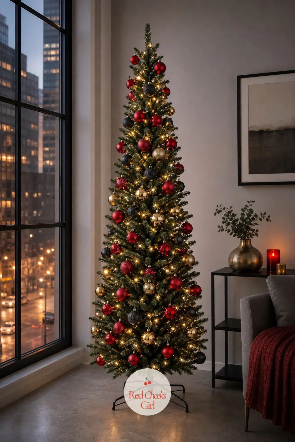 A Window-Side Pencil Tree for a City View — Set against a window that looks over the street, this slim artificial tree gets judged from outside as much as in.