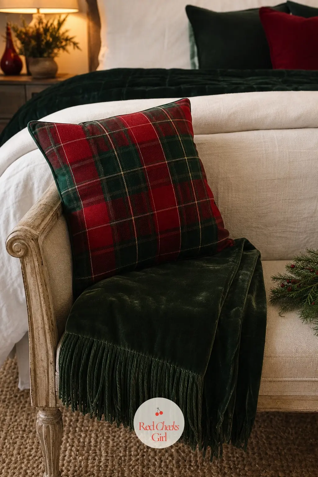 The Bedroom Bench, Laid With a Velvet Throw — At the foot of the bed, a velvet throw in deep green folded over a bench, with one red tartan cushion propped