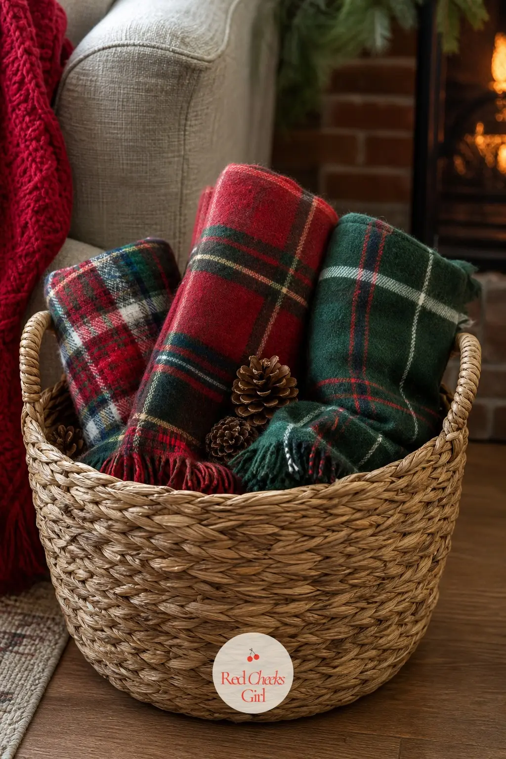 The Blanket Basket, Filled With Plaid Throws — A woven basket by the sofa, stacked loosely with plaid throws instead of folded flat, gives guests something to