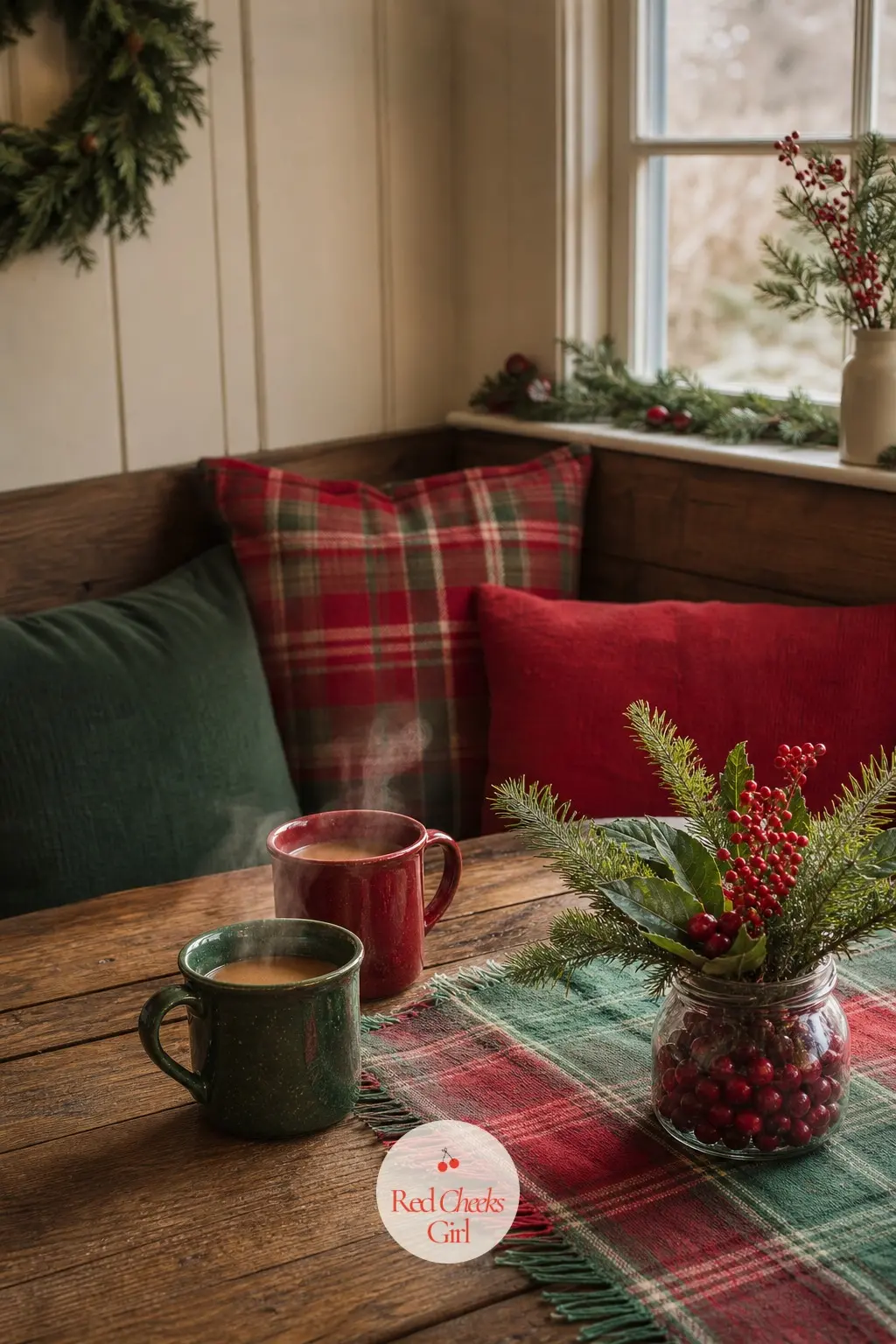 The Breakfast Nook, Dressed for a Quiet Morning — The smaller, everyday table gets its own quiet version of the look: plaid cushions on the bench, a jam jar of
