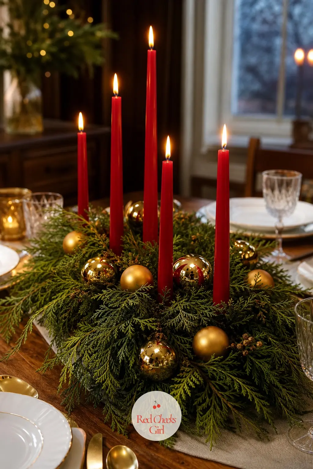 The Centerpiece, Built From Cedar and Red Candles — A low runner of fresh cedar down the centre of the table, three or four red taper candles rising out of it