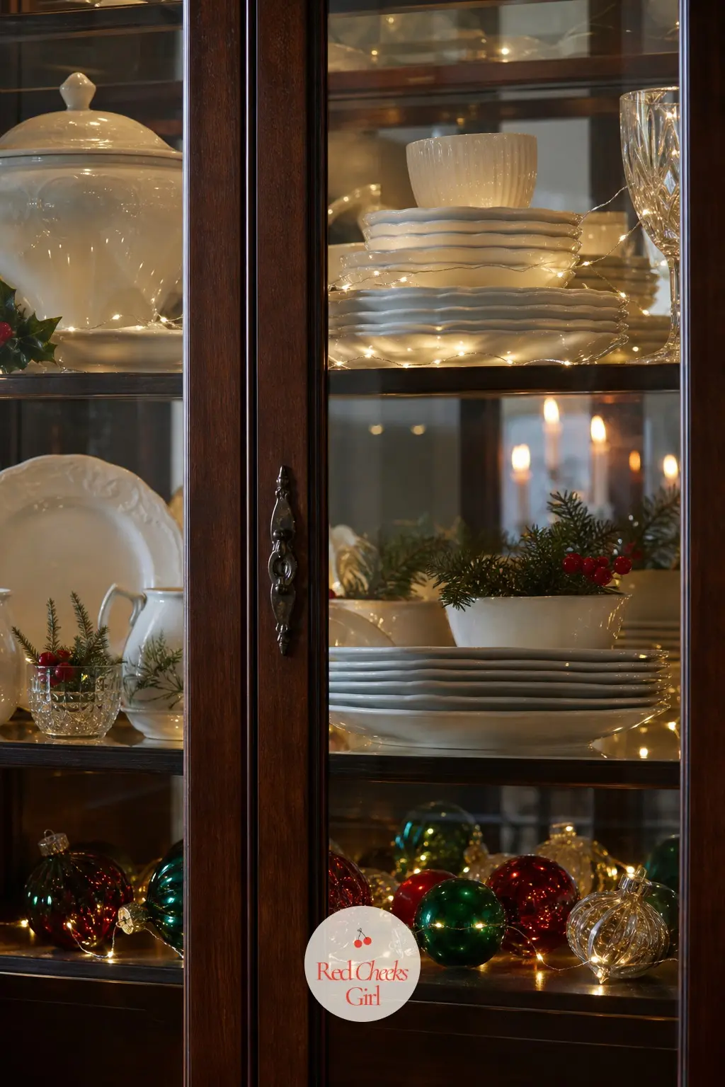 The China Cabinet, Lit Behind the Glass — Inside the cabinet, a string of warm fairy lights and a few glass ornaments laid flat among the plates turn a piece