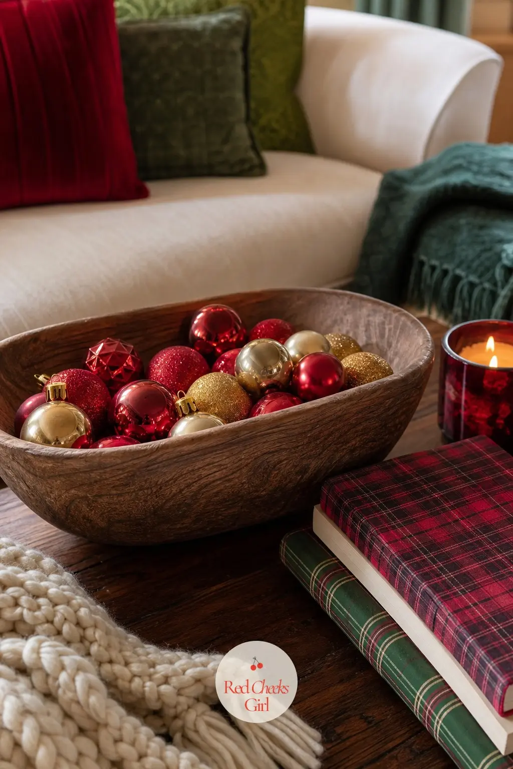 The Coffee Table, Styled With a Wooden Bowl — A wide wooden bowl filled with red and gold ornament balls, set beside a short stack of plaid-jacketed books