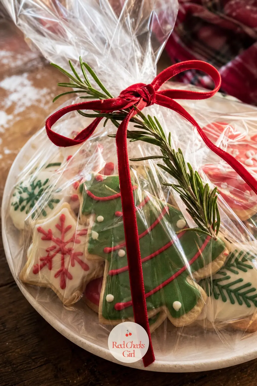 The Cookie Plate, Finished With a Velvet Ribbon — A plate of frosted sugar cookies and gingerbread wrapped once in cellophane and tied with a narrow velvet