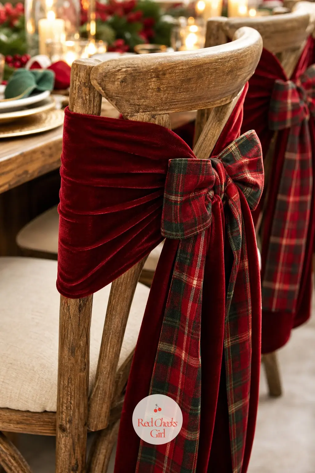 The Dining Chairs, Backs Tied With a Velvet Sash — A velvet sash tied high on each chair back, finished in a loose plaid bow, dresses the whole table without