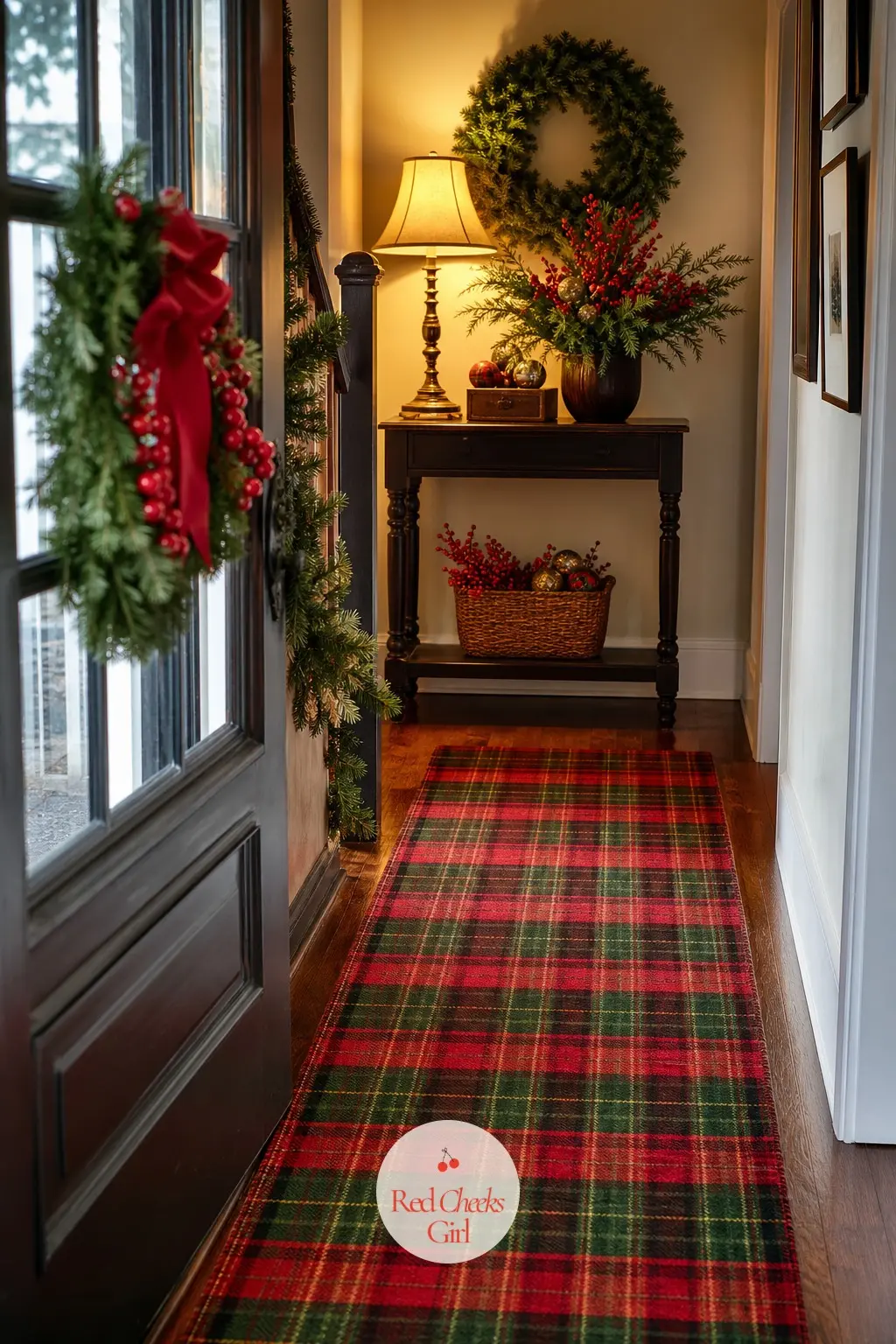 The Entry Hall, Laid With a Plaid Runner — Underfoot is an easy win most houses skip entirely. Red and green christmas decor