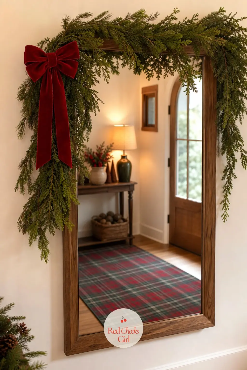 The Entry Mirror, Framed in Fresh Cedar — A short length of cedar garland tucked around the top of the hallway mirror frames whoever checks their coat on the