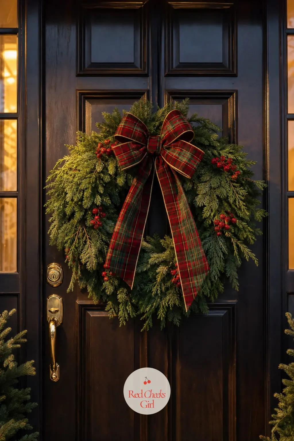 The Front Door, Hung with a Plaid Bow Wreath — A fresh evergreen wreath carries the whole entrance on its own, but the plaid velvet bow is what makes it this