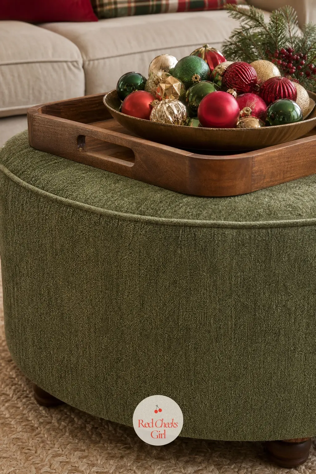 The Ottoman, Topped With a Bowl of Ornaments — An upholstered ottoman doubles as a side table once a tray and a shallow bowl of mixed ornaments sit on it. Red