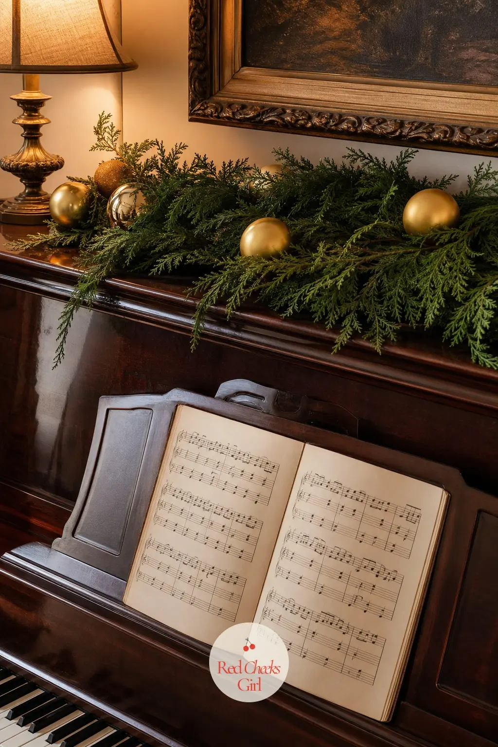 The Piano Top, Dressed in Cedar and Sheet Music — A low swag of cedar along the piano top, a scattering of gold ornament balls, and an open book of carols left