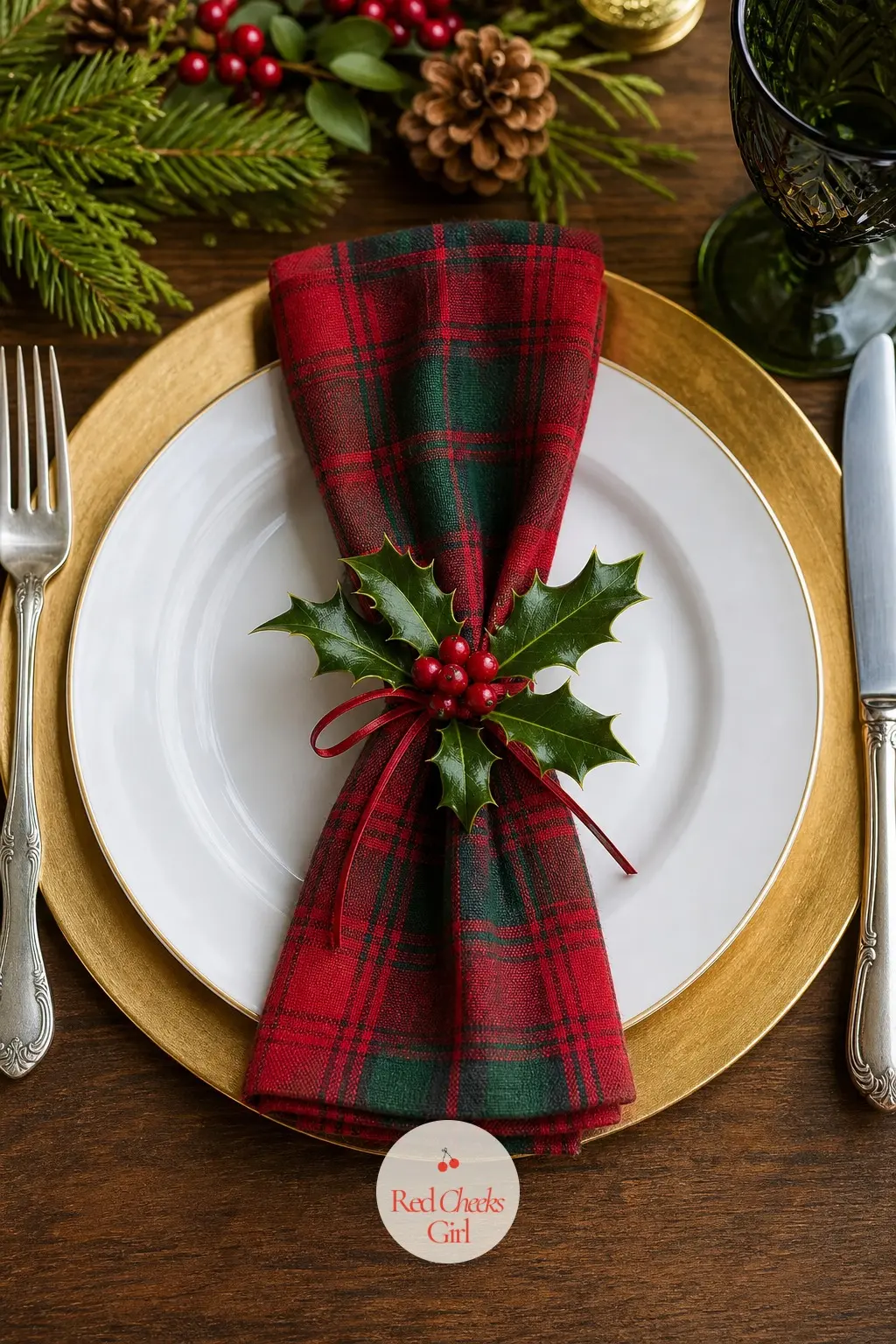The Place Setting, Marked With a Plaid Napkin — White plates stay the constant, but a folded plaid napkin and a sprig of real holly tucked under the ribbon