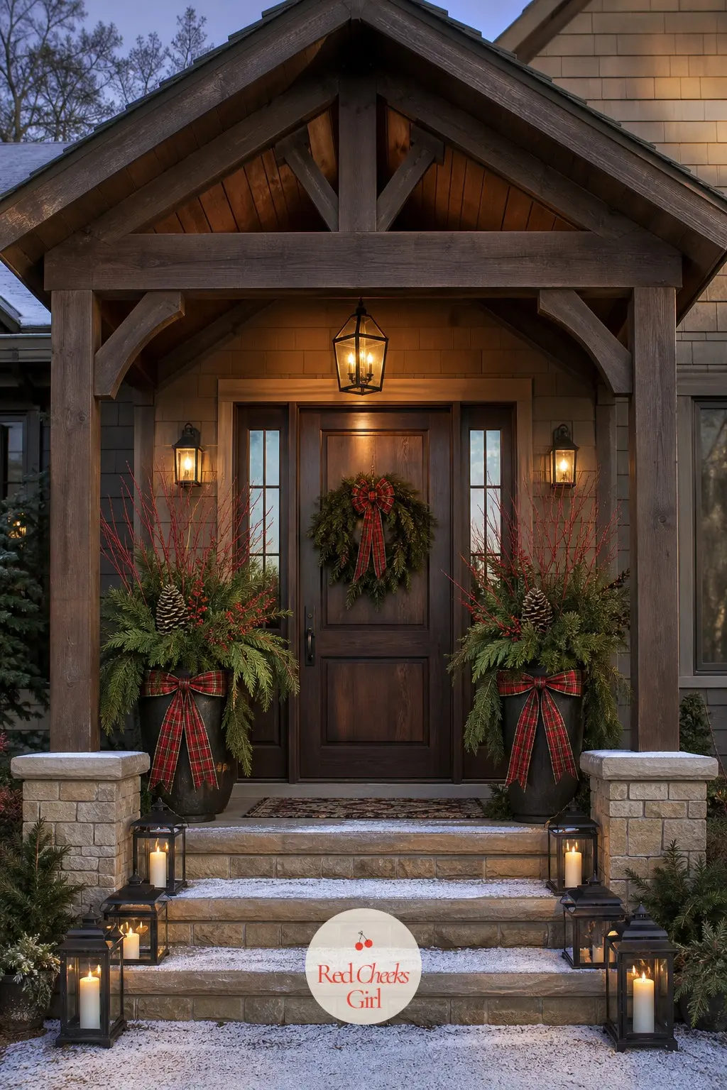 The Porch, Lined With Two Dressed Planters — Either side of the door, two planters packed with cut cedar and red-twig dogwood do the work a whole garden used