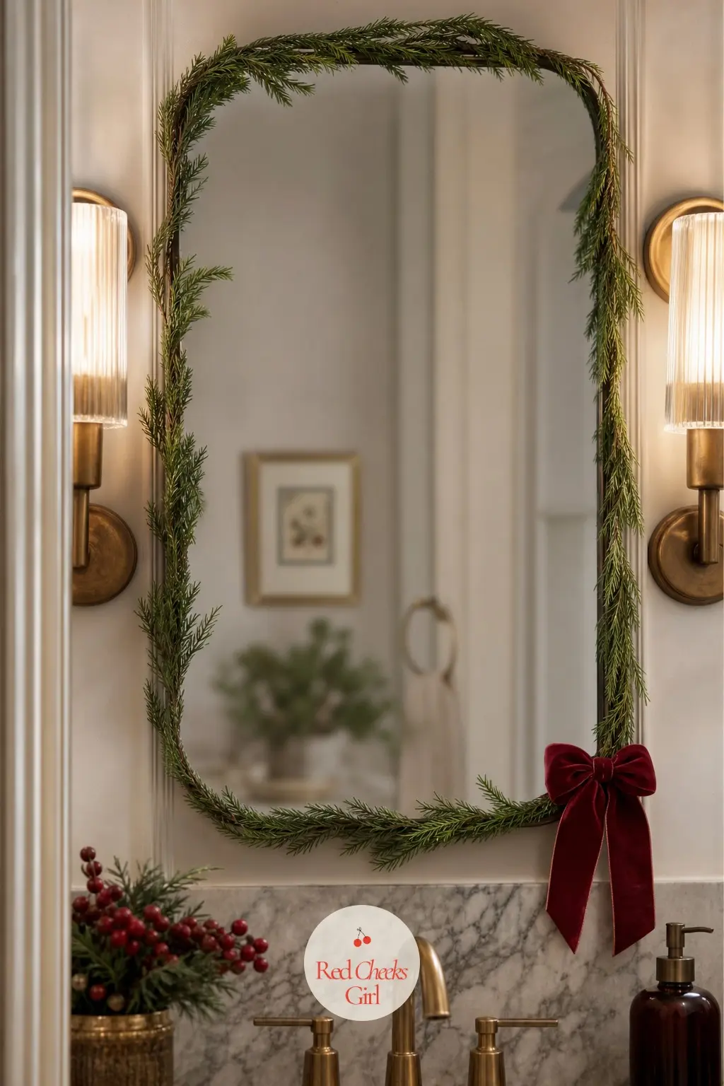 The Powder Room Mirror, Framed in a Thin Garland — A thin strand of cedar looped once around the frame of the powder room mirror, finished with a small velvet