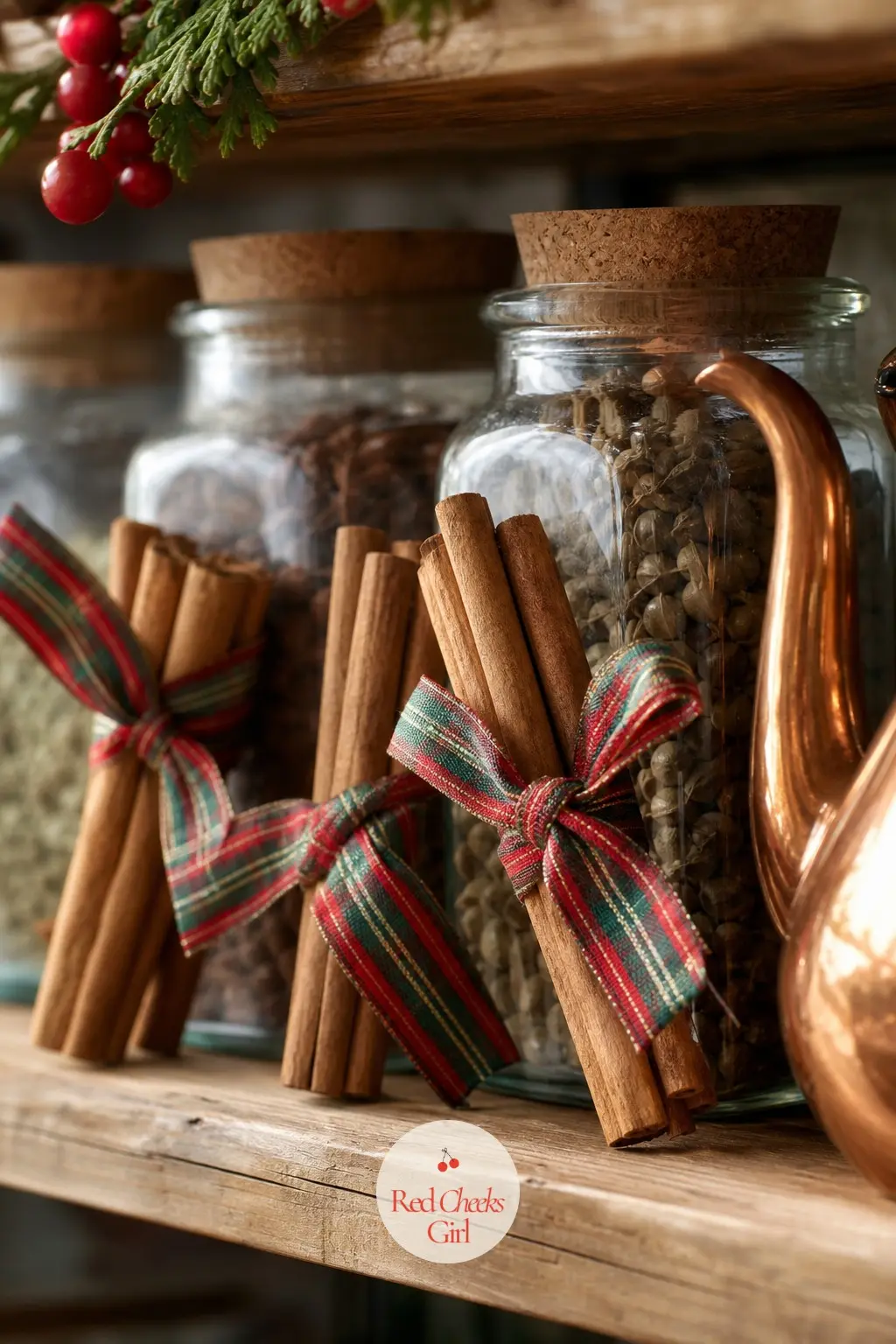 The Spice Shelf, Bundled in Cinnamon and Ribbon — Three or four cinnamon stick bundles, tied with a scrap of the same plaid ribbon used everywhere else, lean