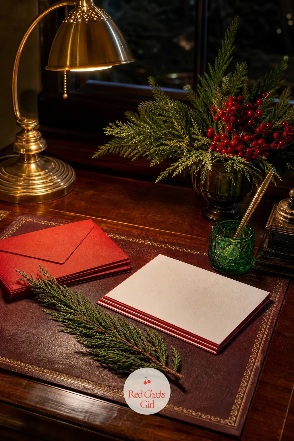 The Writing Desk, Set for Christmas Cards — A stack of red envelopes, a green glass pen holder and a short cedar sprig laid across the blotter turns an