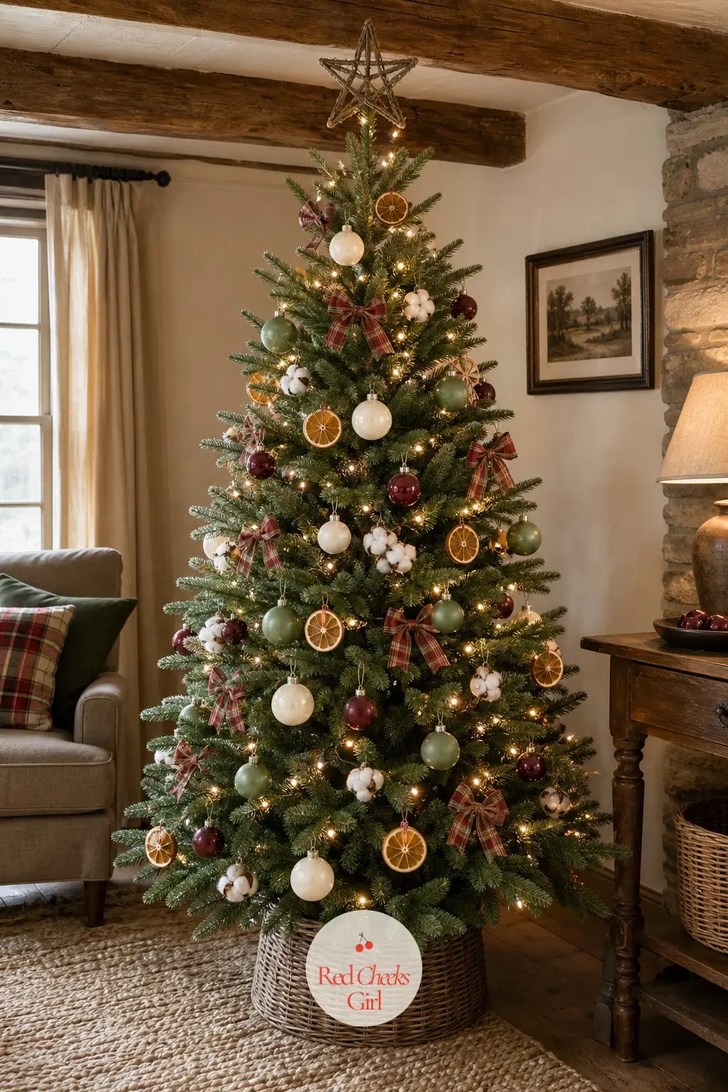 The Beamed Cottage Sitting Room Tree — Low beams and a cottage ceiling ask for a full, soft-shaped tree rather than anything sharp-edged, so this one leans