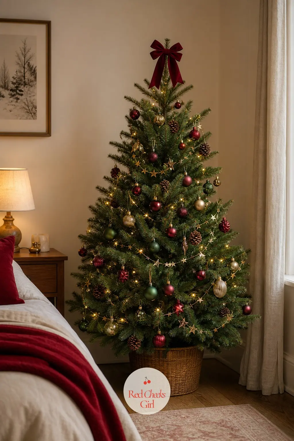 The Bedroom Corner Potted Tree — Beside the bed rather than in the main living space, this small real potted fir keeps raspberry red and pine green quiet and