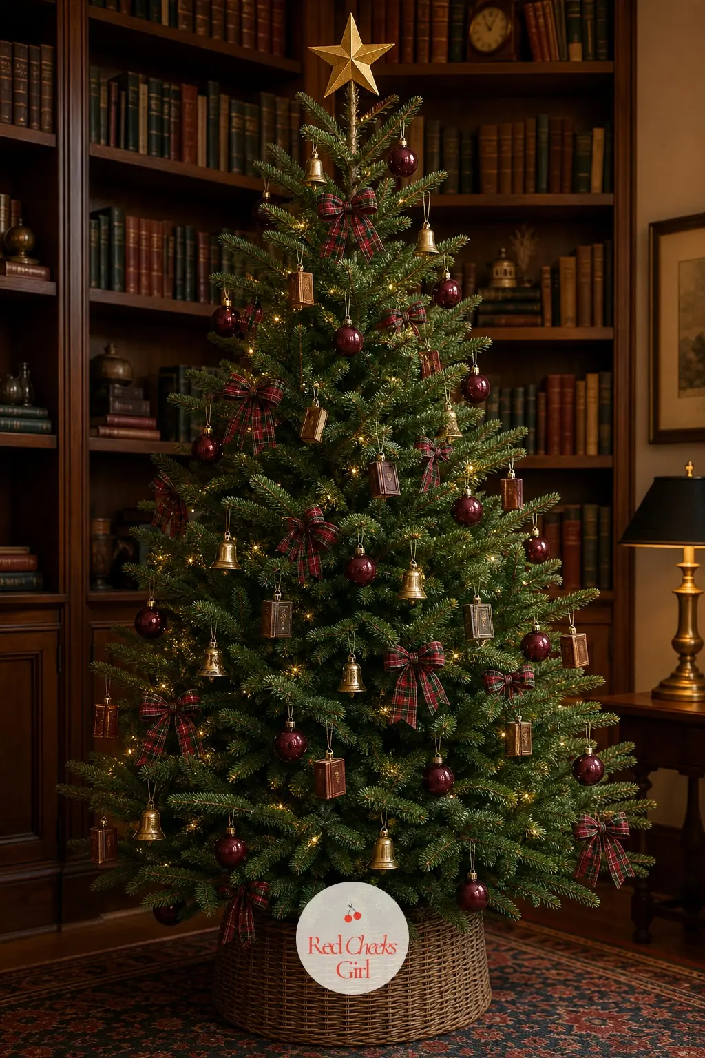 The Book-Lined Study Tree — Surrounded by shelves, this real full fir takes its cues from the room rather than from any tree-specific trend: oxblood red and