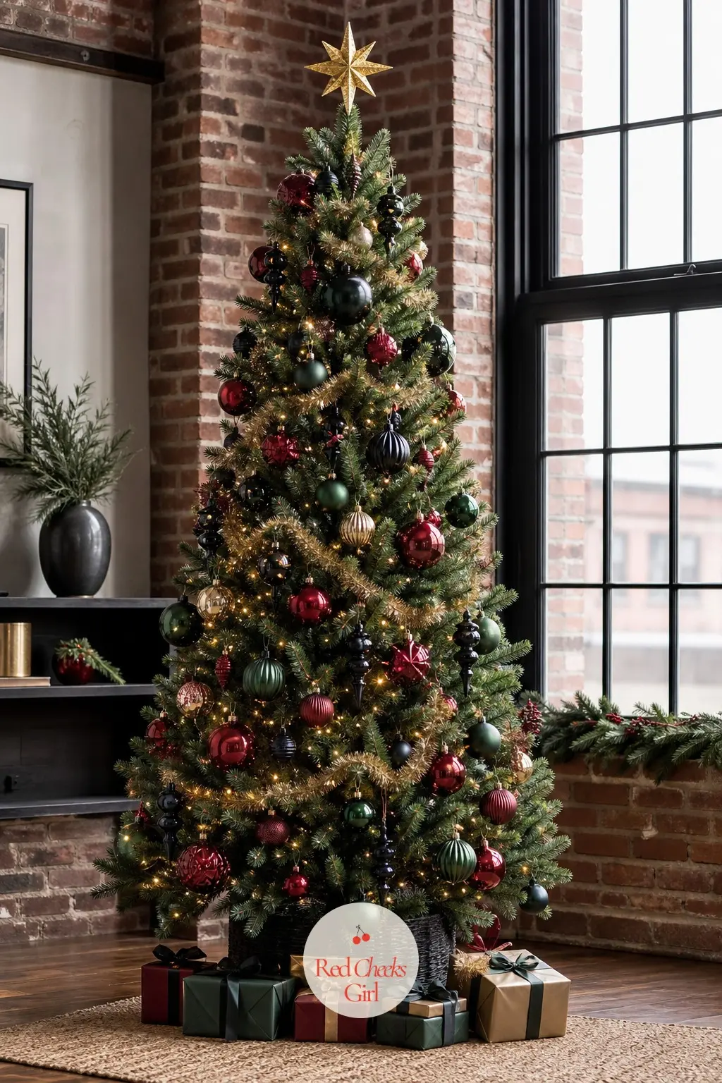 The Brick Loft Statement Tree — Tall windows and exposed brick can swallow a timid tree whole, so this one goes big on purpose: a full, floor to ceiling
